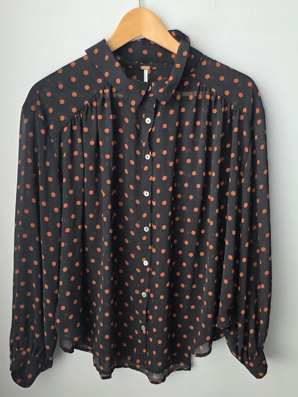 Free People Black Orange Polka Dot Sheer Button Down Blouse Size S